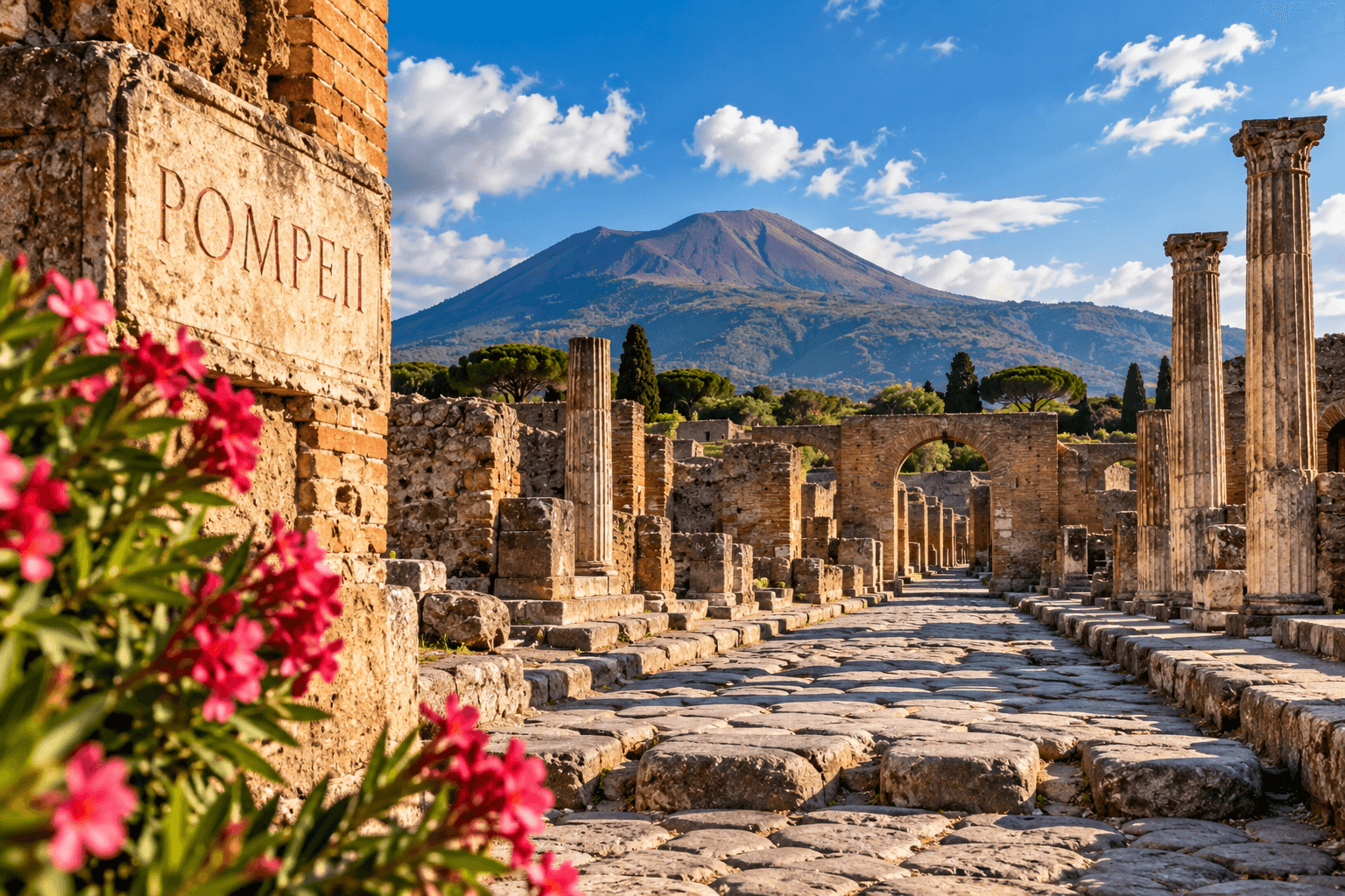 Ancient ruins of Pompeii with Roman streets, columns and Mount Vesuvius in the background.